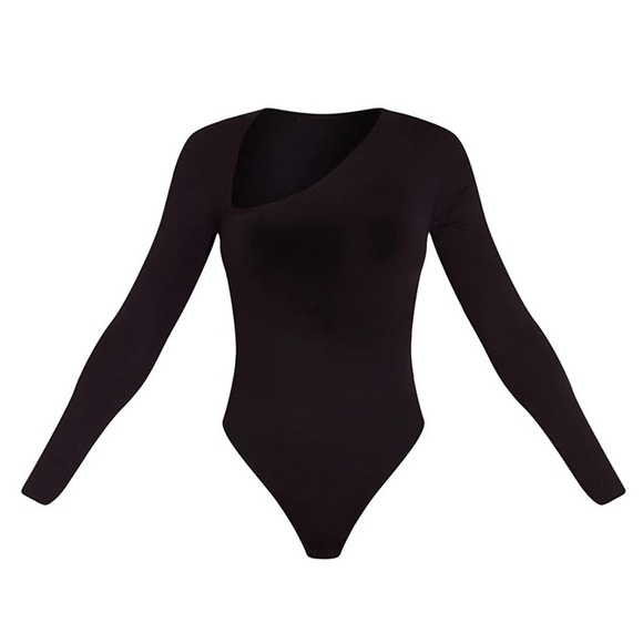 Pretty Little Thing Black Asymmetrical Jersey Thong Bodysuit - Picture 3 of 6